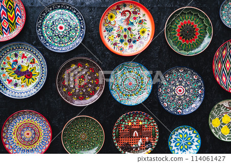 oriental Uzbek ceramic plates hand-painted on black background 114061427