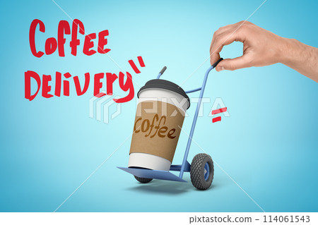 Anonymous man's hand pulling miniature hand truck with plastic coffee cup 114061543