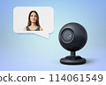 Woman in a chat bubble and webcam on blue backdrop 114061549