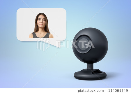 Woman in a chat bubble and webcam on blue backdrop 114061549
