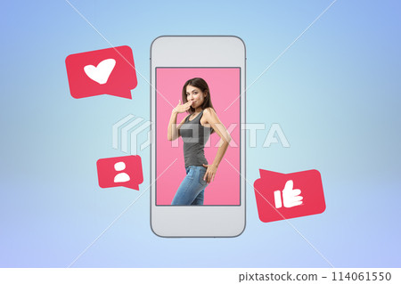 Woman inside phone with social media icons Woman inside phone with social media icons 114061550