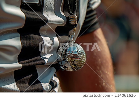 Referee holding whistle at outdoor event 114061620
