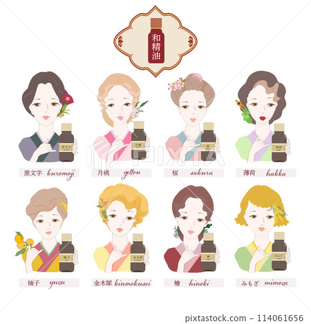 Japanese essential oils, yuzu, shell ginger, peppermint, cypress, black moji, golden osmanthus, essential oils, cherry blossoms, Japanese essential oils, a woman wearing a kimono holding Japanese essential oils Japanese essential oils, yuzu, shell ginger, peppermint, cypress, black moji, golden osmanthus, essential oils, cherry blossoms, Japanese essential oils, a woman wearing a kimono holding Japanese essential oils 114061656
