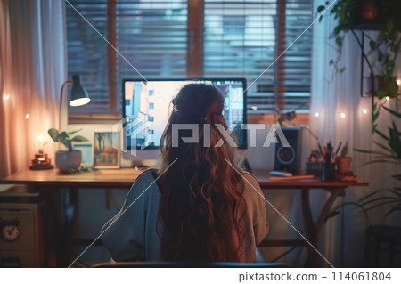 Cozy workspace with woman using computer 114061804