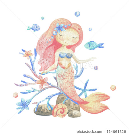 Mermaid is a little girl with long hair and a tail. Watercolor illustration hand drawn with pastel colors turquoise, blue, mint, coral, peach, pink. Composition isolated from background. 114061826