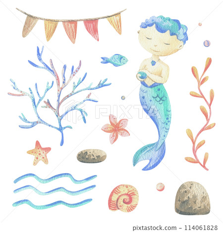 Mermaid is a little boy with fish, seashell, corals, algae, starfish. Watercolor illustration hand drawn with pastel colors turquoise, blue, coral, pink. Set of elements isolated from background 114061828