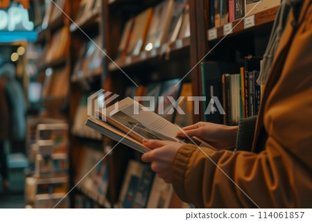 Close-up of hand browsing through books Close-up of hand browsing through books 114061857