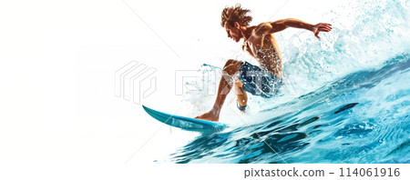 Surfer riding a wave with blue water Surfer riding a wave with blue water 114061916