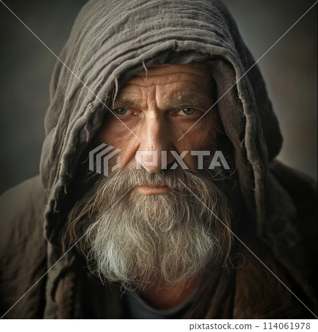 Hooded figure with grey hair and coarse fabric 114061978