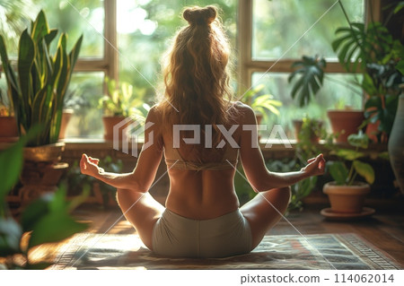 Woman meditating indoors with plants Woman meditating indoors with plants 114062014
