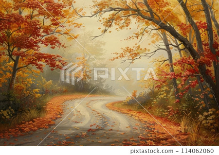 Misty Autumn Road Surrounded by Foliage 114062060