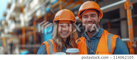 Construction duo sharing a coffee break 114062105