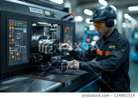 Technician precisely calibrates CNC machine in factory 114062319