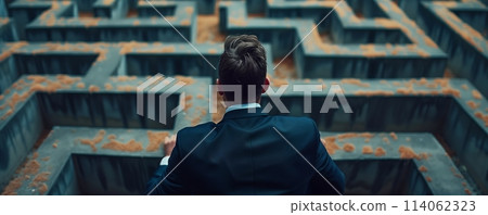 Man in Business Suit Facing a Massive Maze 114062323
