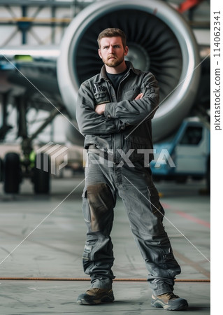 Mechanic in grey by jet engine 114062341