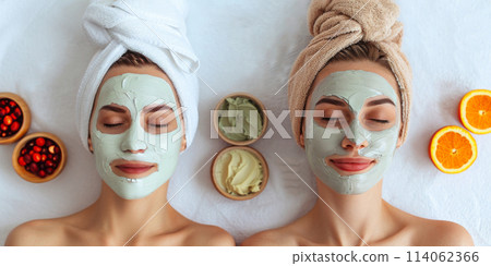 Picture capturing the serene moment of two friends relaxing with facial masks. AI Created. 114062366