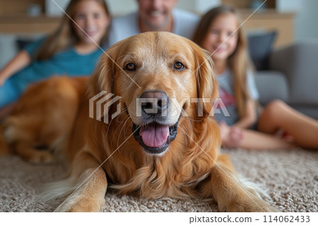 Golden retriever with family on carpet 114062433