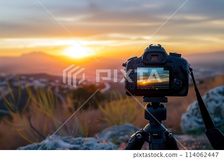 DSLR camera photographing a sunset landscape 114062447