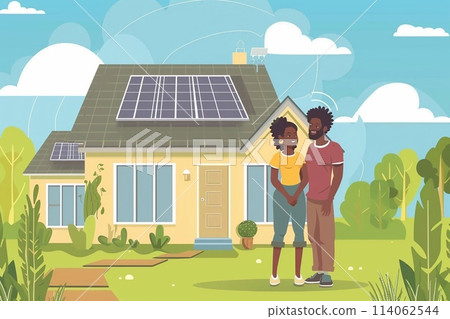 A family uses a renewable energy system, standing near the house with solar panels, Alternative energy. A family uses a renewable energy system, standing near the house with solar panels, Alternative energy. 114062544