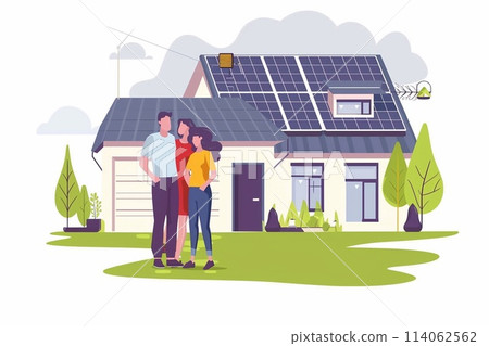 A family uses a renewable energy system, standing near the house with solar panels, Alternative energy. A family uses a renewable energy system, standing near the house with solar panels, Alternative energy. 114062562