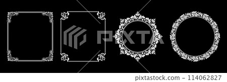 Set of decorative frames Elegant vector element for design in Eastern style, place for text. Floral black and white borders. Lace illustration for invitations and greeting cards. 114062827