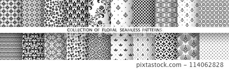 Geometric floral set of seamless patterns. White and black vector backgrounds. Damask graphic ornaments. 114062828