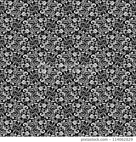 Wallpaper in the style of Baroque. Seamless vector background. White and black floral ornament. Graphic pattern for fabric, wallpaper, packaging. Ornate Damask flower ornament. Wallpaper in the style of Baroque. Seamless vector background. White and black floral ornament. Graphic pattern for fabric, wallpaper, packaging. Ornate Damask flower ornament. 114062829