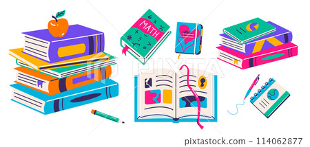 Book vector illustration. Stacks of school books for read, study. Notebook with bookmark. Open schoolbook, top view. Cute graphic for literature design 114062877