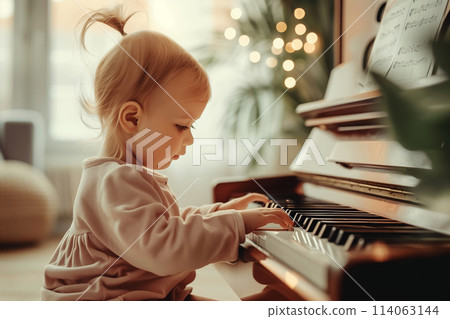 Baby playing music on piano at home, creativity and hobby 114063144