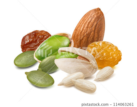 Peeled sunflower and pumpkin seeds, raisins, almonds and pistachio nuts isolated on white background Peeled sunflower and pumpkin seeds, raisins, almonds and pistachio nuts isolated on white background 114063261