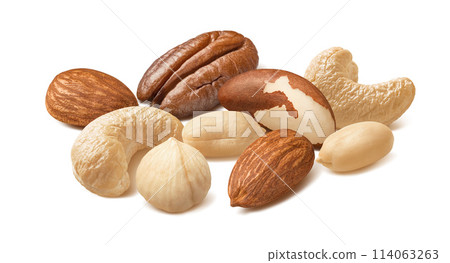 Pecan, peanut, cashew, hazelnut and almond nuts isolated on white background 114063263