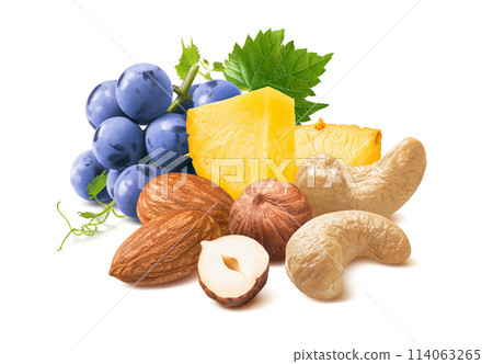 Blue grapes, pineapple, hazelnut, almond and cashew nut mix isolated on white background 114063265