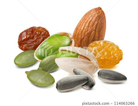 Sunflower and pumpkin seeds, raisins, almonds and pistachio nuts isolated on white background 114063266