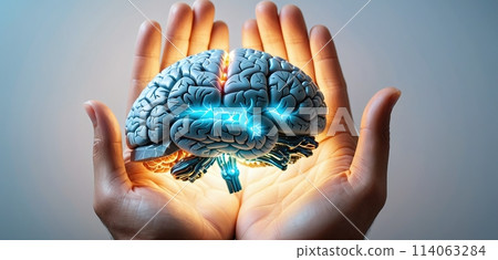 Colorful and illustrative depiction of a human brain hovering or being held above a human hand Colorful and illustrative depiction of a human brain hovering or being held above a human hand 114063284