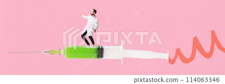 Banner. Contemporary art collage. Man, doctor, flying on syringe symbolizing vaccination, protection from viruses and illness. Banner. Contemporary art collage. Man, doctor, flying on syringe symbolizing vaccination, protection from viruses and illness. 114063346