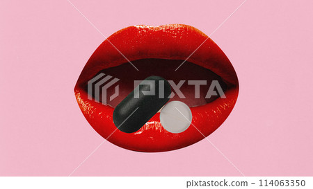 Contemporary art collage. Mouth with red lips, drinks pills, vitamins against pink background. Medicine. Medical treatment. Contemporary art collage. Mouth with red lips, drinks pills, vitamins against pink background. Medicine. Medical treatment. 114063350