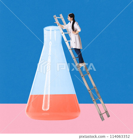 Contemporary art collage. Woman, doctor doing scientific researches, conducting experiments, developing illness treatment. Contemporary art collage. Woman, doctor doing scientific researches, conducting experiments, developing illness treatment. 114063352