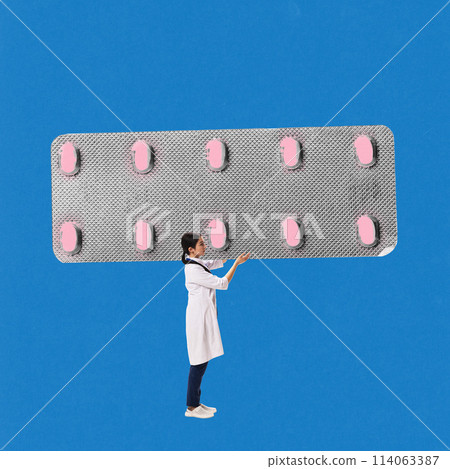 Contemporary art collage. Medic, doctor carrying huge plate of pills against blue background. Medicine. Medical treatment. Contemporary art collage. Medic, doctor carrying huge plate of pills against blue background. Medicine. Medical treatment. 114063387