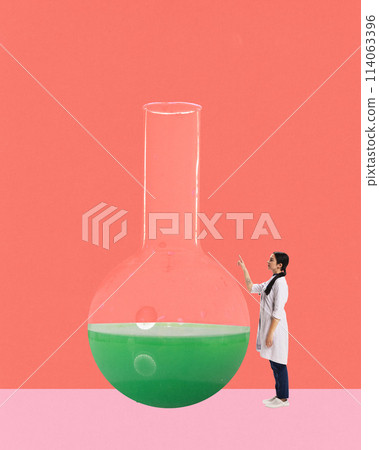 Contemporary art collage. Woman, medical worker holding large flask test, tube with green liquid doing experiments. Medicine. Medical treatment. 114063396