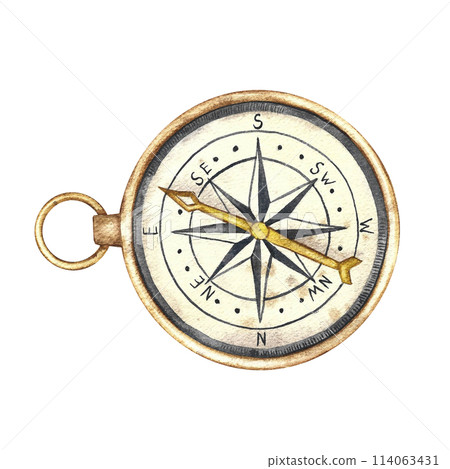 Vintage vintage hand compass. Watercolor illustration of vintage marine navigation equipment in retro style, for travel and adventure. Drawing of a navigation object for an icon or logo. 114063431