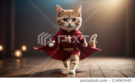 Hovering and flying cute kitten with special superpowers in superhero costume and superhero pose 114063445