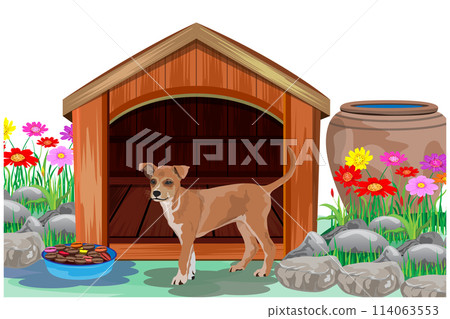 brown dog satandin in front of his house vector design brown dog satandin in front of his house vector design 114063553