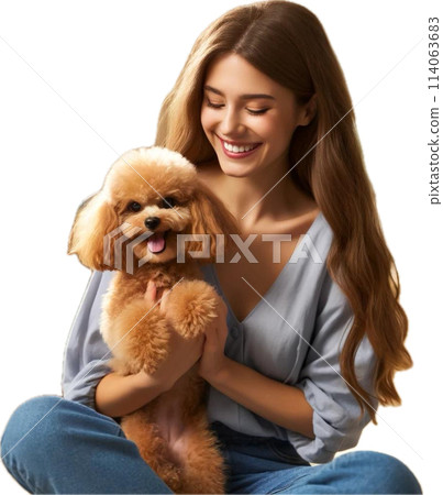 A dog that looks happy being loved by its female owner 114063683