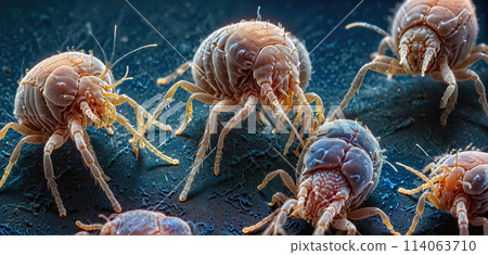 Extreme close-up of a mite sitting on organic tissue and dust - ai generated 114063710