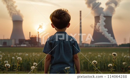 Child watches smoke coming out of the chimney and cooling tower of a power plant - ai generated Image 114064288