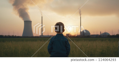 Child watches smoke coming out of the chimney and cooling tower of a power plant - ai generated Image Child watches smoke coming out of the chimney and cooling tower of a power plant - ai generated Image 114064293