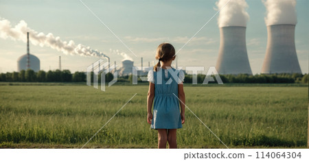 Child watches smoke coming out of the chimney and cooling tower of a power plant - ai generated Image 114064304