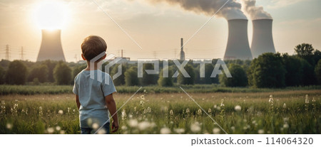 Child watches smoke coming out of the chimney and cooling tower of a power plant - ai generated Image 114064320