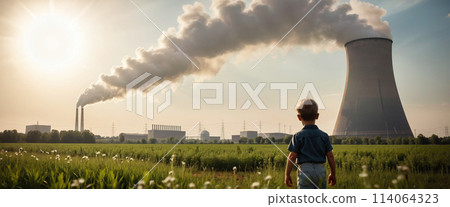 Child watches smoke coming out of the chimney and cooling tower of a power plant - ai generated Image 114064323