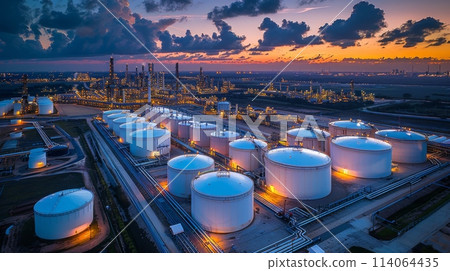 Aerial view of a petrochemical oil and gas industry plant with white tanks for fuel storage at dusk in an industrial area on a river bank, photo with soft light. 114064435